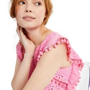 Charter Club Lace Eyelet Pom-Pom Flutter Sleeve Dress Pink NWT Size Large